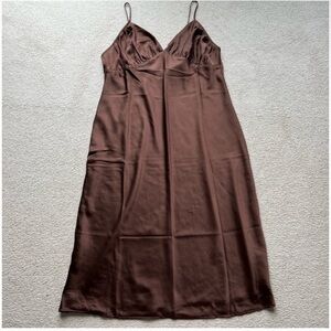 ABERCROMBIE AND FITCH A&F Ruched SATIN SLIP MIDI DRESS Brown Sleeveless